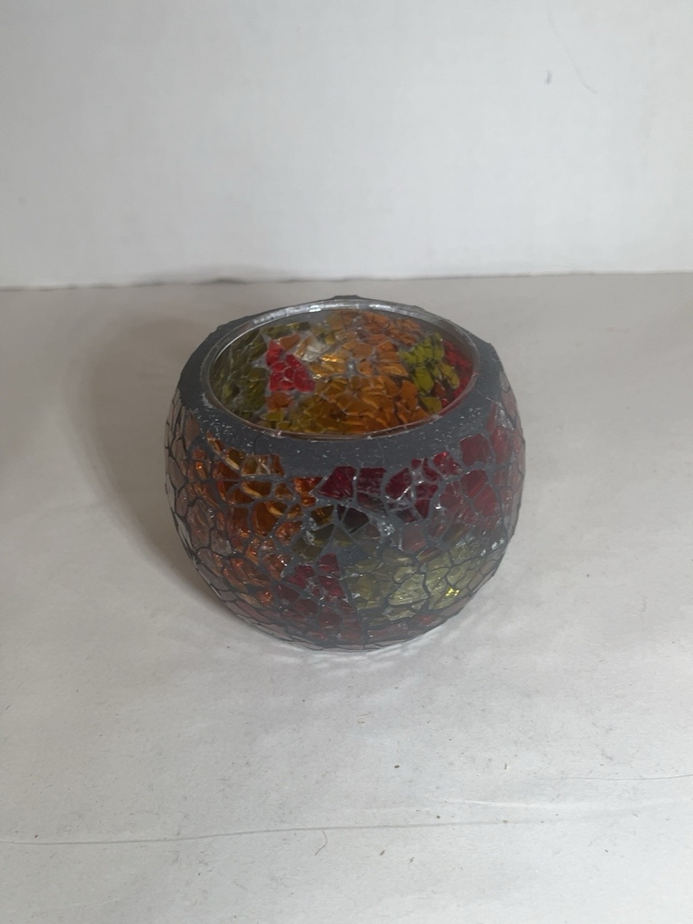 Mosaic Glass Votive Candle Holder - Red, Orange & Green